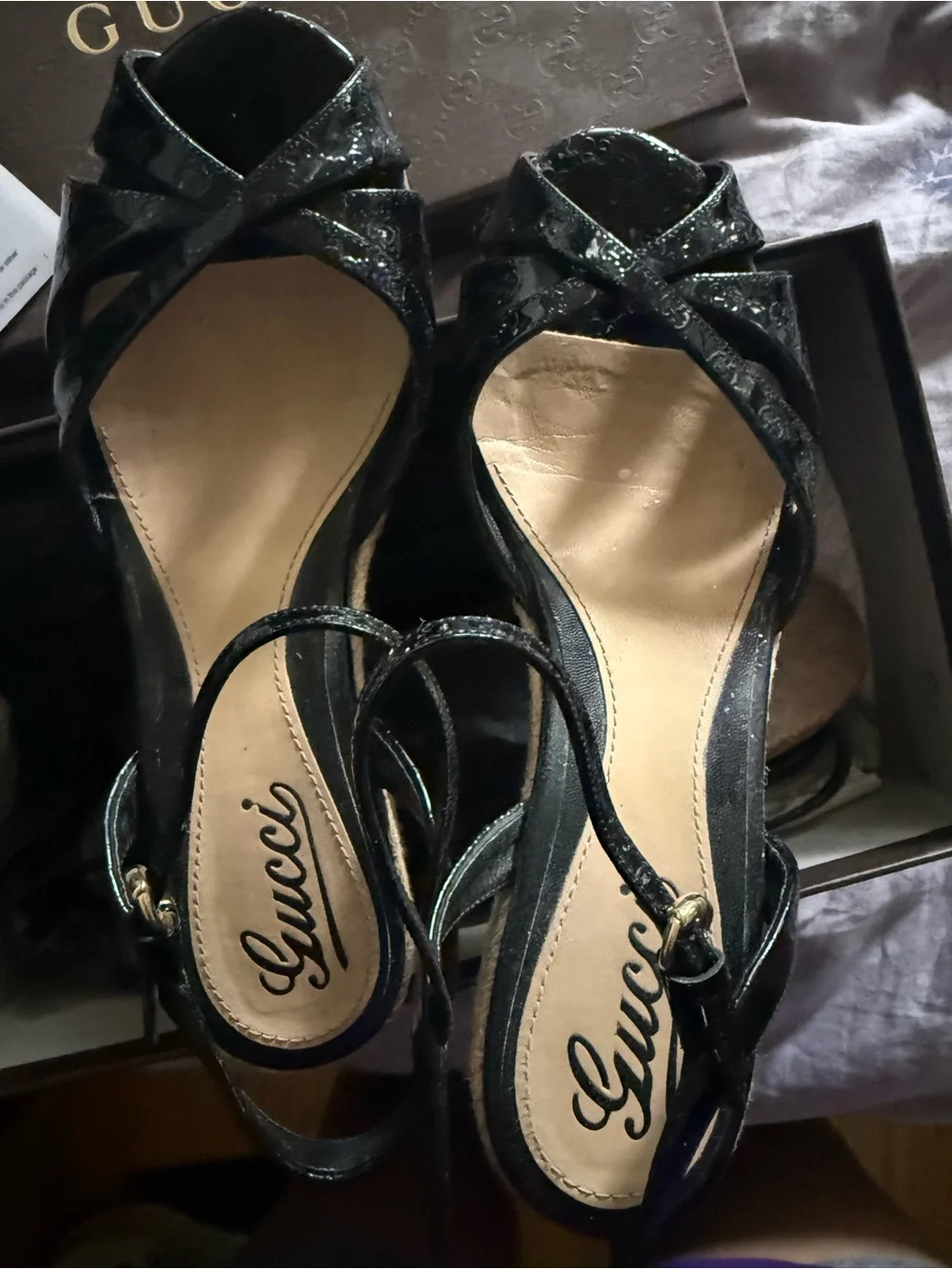 Gucci Black Patent Leather Women's Slingback Sandals espadrilles